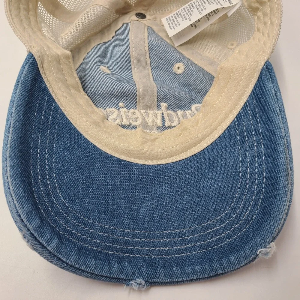 Budweiser Hat Strapback American Eagle Trucker Mesh Blue Beige Distressed Denim